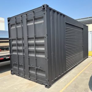 20ft used shipping container – matte black w/ 12’ side roll up door